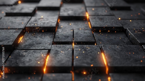 Abstract Dark Stone Tiles with Glowing Lava Cracks and Fiery Orange Embers and Sparks