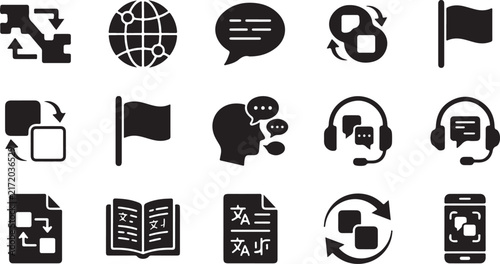 Картината върху платно Collection of black and white representing translation, language learning, globa