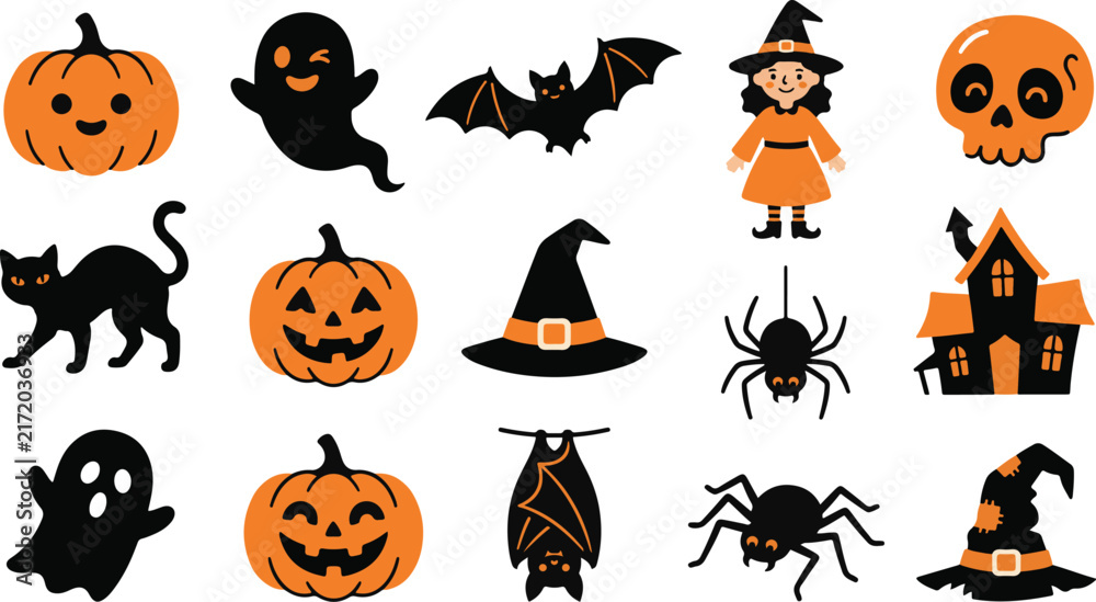 Obraz premium Halloween Witch Pumpkin Ghost and Haunted House Cartoon Icon Collection