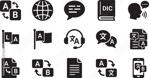 Картината върху платно Set of black translation and language featuring globes, speech bubbles, dictiona