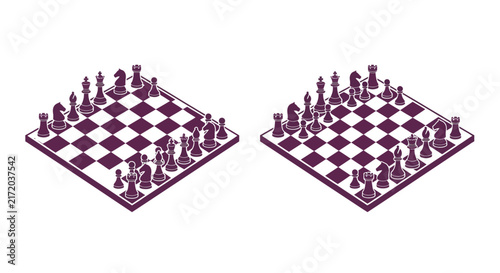 Foto Isometric chessboards with complete piece sets in a purple color scheme