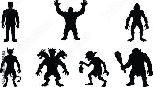 Mythical monster silhouettes including demon, dragon, troll, goblin, Frankenstein, Bigfoot, King Kong inspired fantasy creatures vector illustration