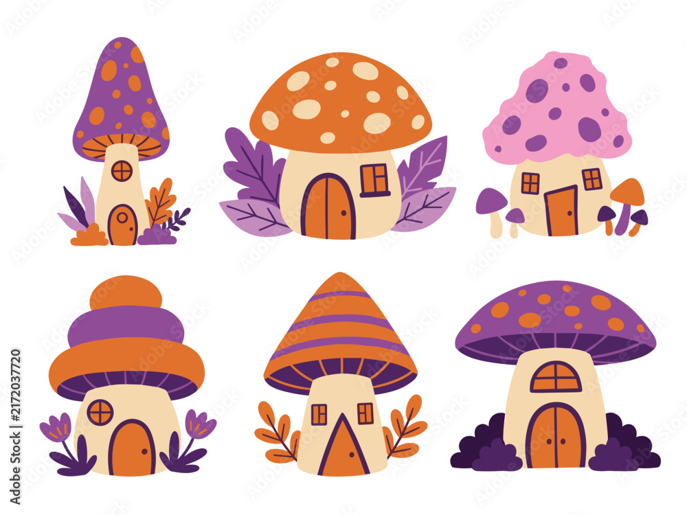 Fototapeta premium 6 Purple Orange Mushroom House Set—Ideal for Fairy Tale and Nursery Design