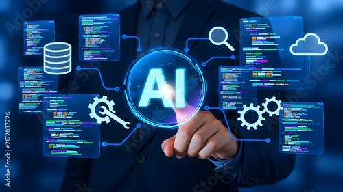 Obraz w ramie AI coding solution. Assisting software development and automating tasks. Programmer generating code to create applications.