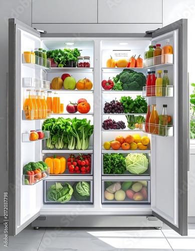 Fresh vegetables and herbs in glass jars on kitchen shelf.
