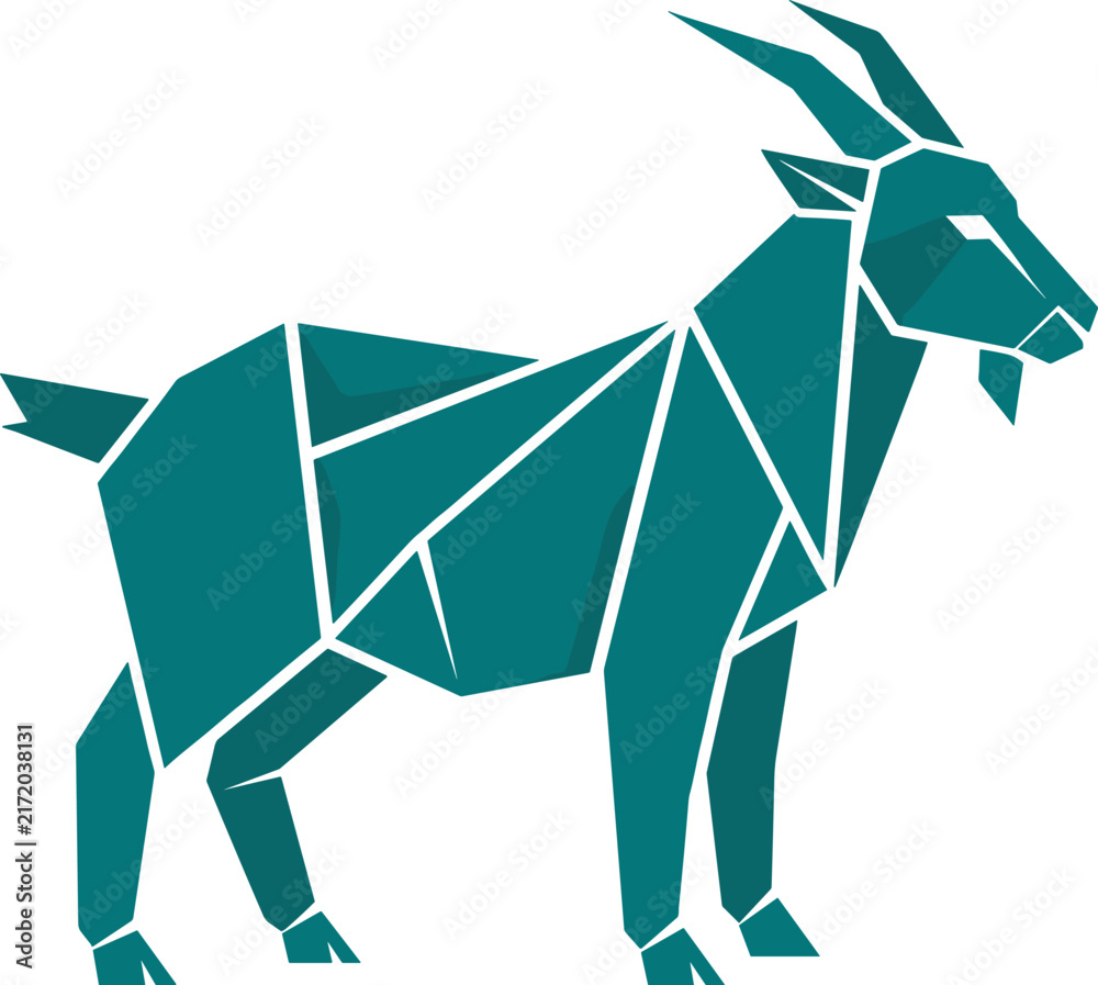 Obraz premium Geometric Mountain Goat Vector Illustration in Low Poly Origami Style with Teal Blue Polygonal Shapes for Modern Wilderness Logo Designs