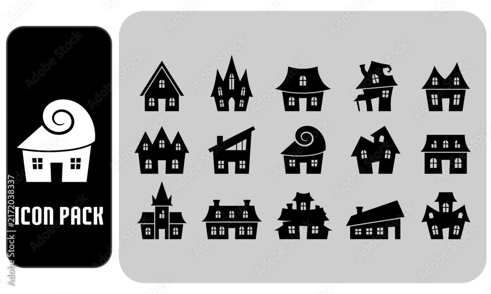 Obraz premium A diverse collection of black silhouette house icons and a barn image for architectural and building projects
