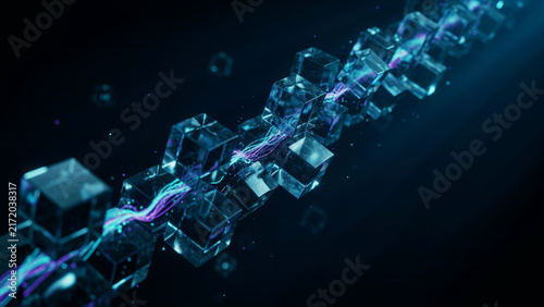 3D Glowing Blockchain Glass Cubes Connected with Light Data Streams on Dark Background
