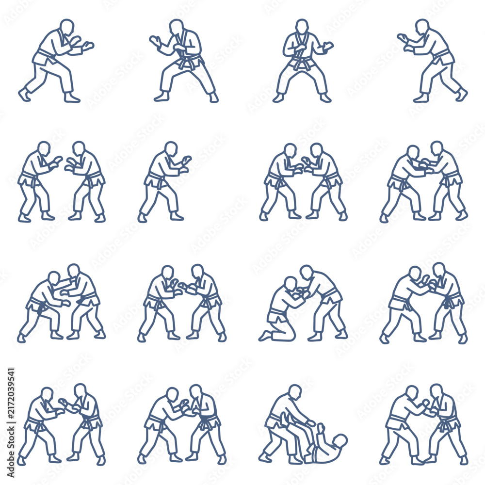 Fototapeta premium Brazilian jiu jitsu and judo grappling martial arts stances line art icon set.