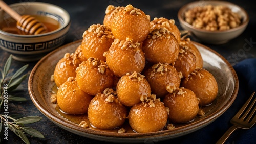 Traditional Greek loukoumades with honey and walnuts, golden fried dough balls on a plate, sweet Mediterranean dessert pastry
