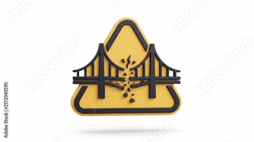 3D Illustration of a Broken Bridge Warning Icon on a Yellow Triangle Signifying Danger or Structural Failure