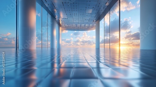 Futuristic minimal architectural hall with reflective tiled floor overlooking a serene sunset horizon sky
