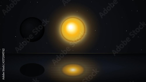 A captivating celestial eclipse creating a stunning reflection, illustrating the cosmic dance of a distant sun and a mysterious dark body in the vastness of space