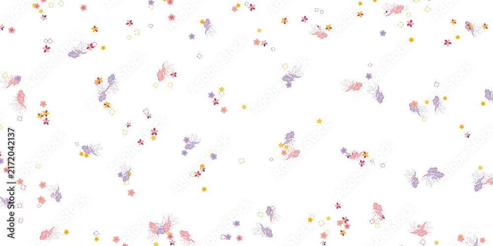 Cute seamless pattern with goldfish and cherry blossoms on white for Birthday Party Celebration, Festive Decoration, Floral Pattern and Holiday Design