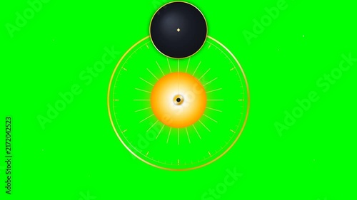 Graphic Illustration of a Celestial Solar Eclipse Featuring a Glowing Sun and Dark Moon Alignment Against a Vibrant Green Background