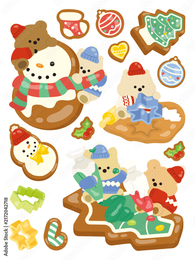 Obraz premium Cute Teddy Bears Making Gingerbread Cookies for Christmas Vector Illustration Set