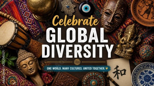 Top down flat lay of diverse cultural artifacts including a Buddha head, African mask, Ganesha statue, djembe drum, and Hamsa with text reading Celebrate Global Diversity on wood.