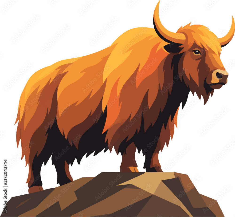 Naklejka premium yak standing on rocky ridge, side profile facing right, full body, highland herbivore, decorative vector illustration