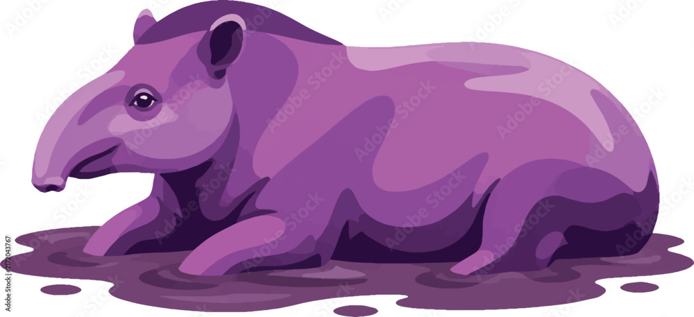 Fototapeta premium tapir wallowing in mud, side profile facing left, full body, tropical mammal, decorative vector illustration