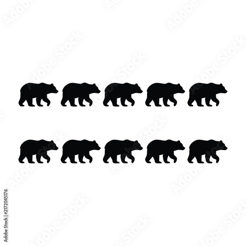 Black bear silhouettes set on white background, walking wildlife icons for design