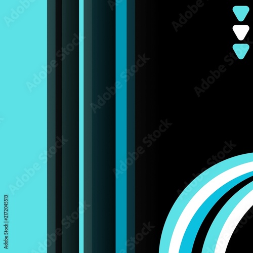 Obraz na płótnie Modern abstract vector composition featuring vertical cyan and dark stripes, curved white and cyan lines, and three small inverted rounded triangles on a black background