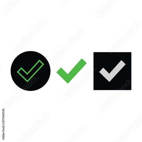 Green and White Tick Mark Icons Set on Black Shapes Isolated on White Background