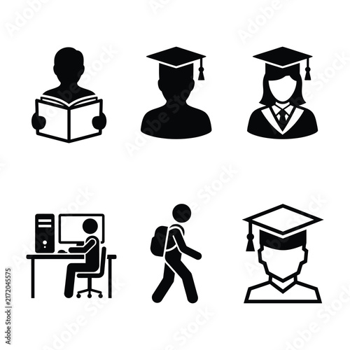 Education icons set with student reading book, graduate cap, computer study, backpack walking. School learning vector symbol.