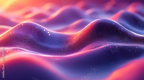 Close up of a curved digital surface made of glowing dots in purple and orange neon light