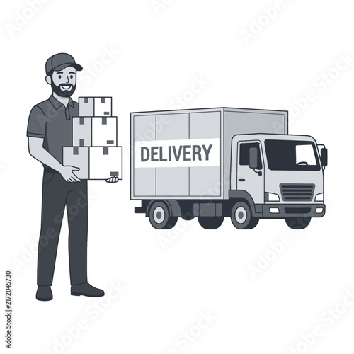 Delivery Driver Holding Boxes Next To Truck, Courier Service, Logistics, Shipping, Transport, Supply Chain Concept