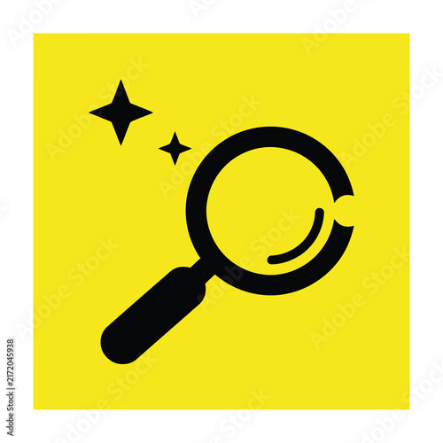 Magnifying Glass Icon with Sparkle Symbols Isolated on a Bright Yellow Background