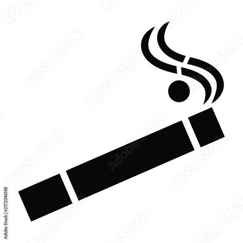 Black smoking cigarette icon with smoke on white background. Simple flat symbol for tobacco, addiction, quitting, no smoking rules.