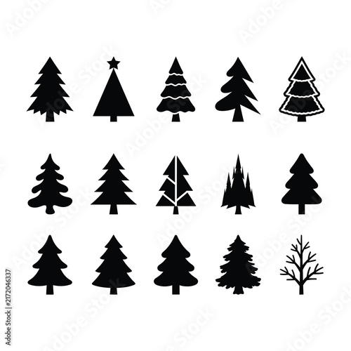 Collection of black Christmas tree silhouettes on white background. Set of pine and fir tree icons for holiday design.