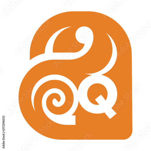 Orange abstract logo design with white swirls and letter Q shape on white background