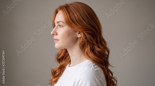 Side Profile of Young Woman with Natural Copper Red Hair and Freckles on Neutral Background