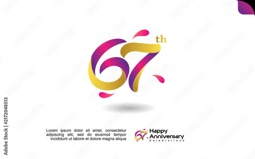 Obraz premium 67th happy anniversary celebration logo template with colorful abstract design on a clean white background. Editable file.