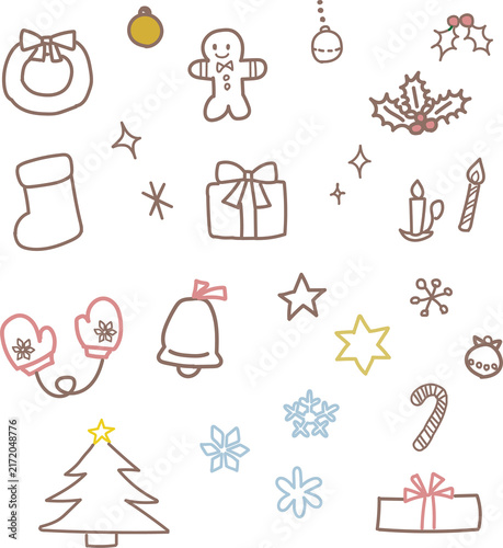 Hand-drawn Christmas doodle icon set in muted dusty brown and pink line art