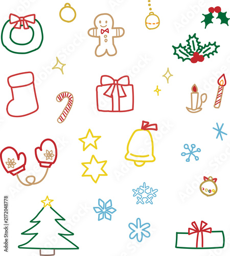 Hand-drawn Christmas doodle icon set in red, green and gold line art