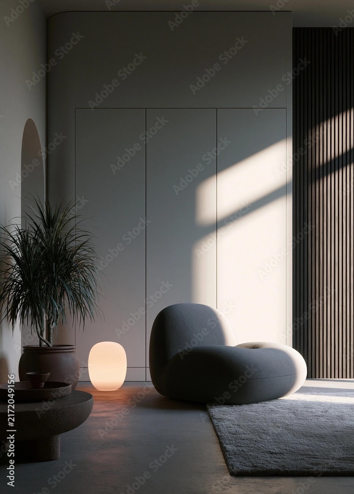 Fototapeta premium Modern living room with a minimalist design. the room has a large window with vertical blinds on the right side, allowing natural light to enter the space.
