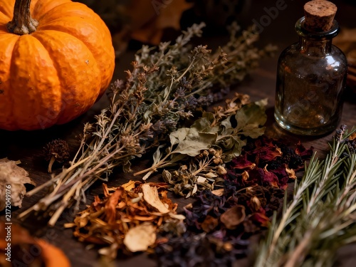 Dried herbs, pumpkin, and vintage potion bottle on a dark wooden table, concept of autumn witchcraft and herbal apothecary