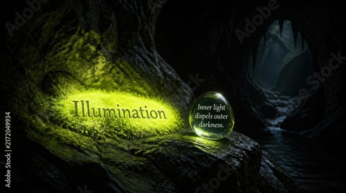 Glass egg with inspirational text Inner light dispels outer darkness resting on a mossy rock in a shadowy limestone cavern next to the word Illumination glowing in green light.