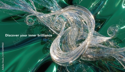 Abstract 3D illustration featuring shimmering silver crystalline swirls and translucent flowing fibers over a deep emerald green liquid background with reflective highlights.