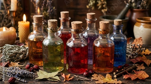 Mystical potion bottles filled with colorful elixirs and herbs on an old witch workbench