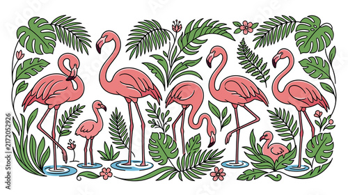Tropical Flamingo Flock with Lush Greenery Illustration