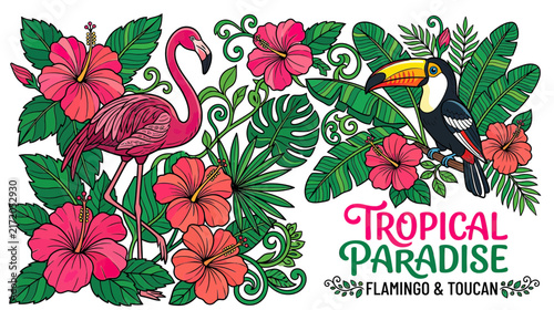 Vibrant Tropical Birds and Flowers Illustration