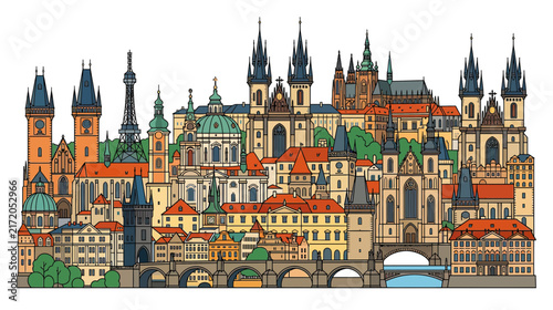 Stylized European Cityscape with Gothic Architecture and Bridge