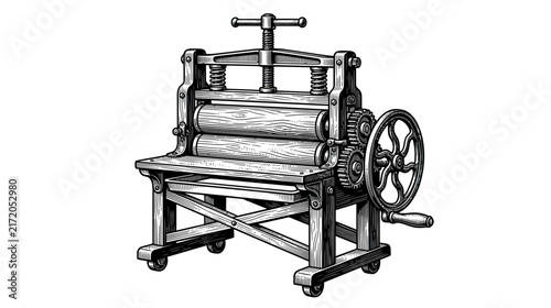 Vintage Printing Press Machine, Woodcut Style