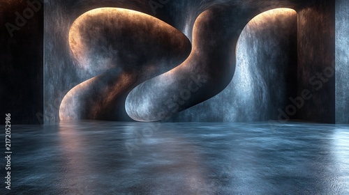 Abstract organic architectural sculpture with flowing concrete curves and dramatic blue and gold ambient lighting