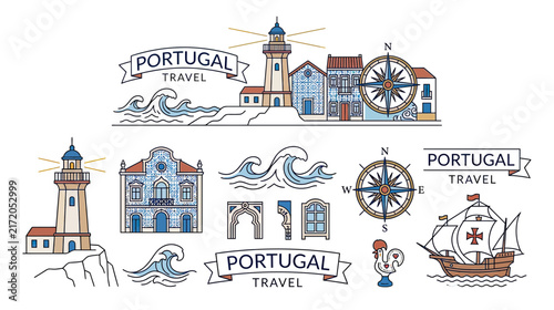 Vintage Travel Icons: Lighthouse, Ship, Buildings, Compass