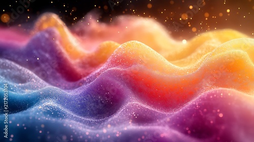 Vibrant multi-colored sparkling waves with granular texture and glowing particles in a dark void