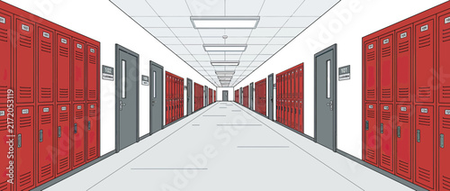Empty School Hallway with Red Lockers and Doors